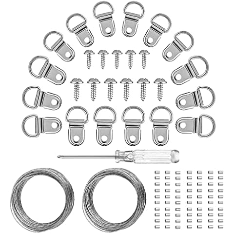 YHYZ D Ring Picture Hangers Sets(60 Sets ), D Ring Hooks + Screws + Hanging Wire + Crimping Loop Sleeves + Screwdriver, for Painting Photo Pictures Clock Artwork Mirrors Cross-stitch Cover