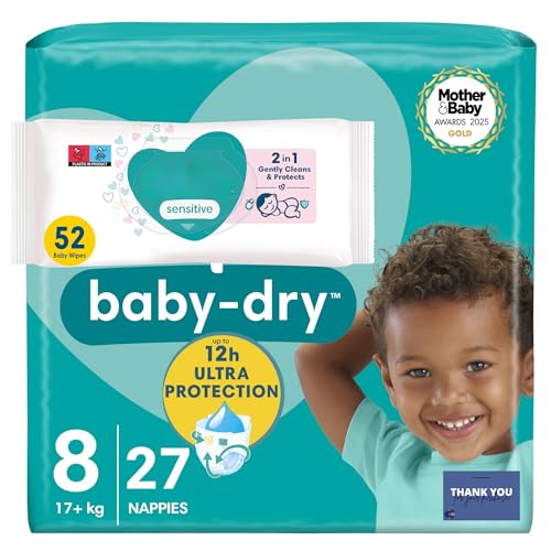 Baby Essentials Bundle for Toddlers - Size 8 Baby Nappies 17kg+ (27 Count) & Sensitive Baby Wipes 52 Pack - Leak-Resistant, Hypoallergenic, Gentle & Fragrance-Free Care Baby Essentials Bundle for Toddlers - Size 8 Baby Nappies 17kg+ (27 Count) & Sensitive Baby Wipes 52 Pack - Leak-Resistant, Hypoallergenic, Gentle & Fragrance-Free Care