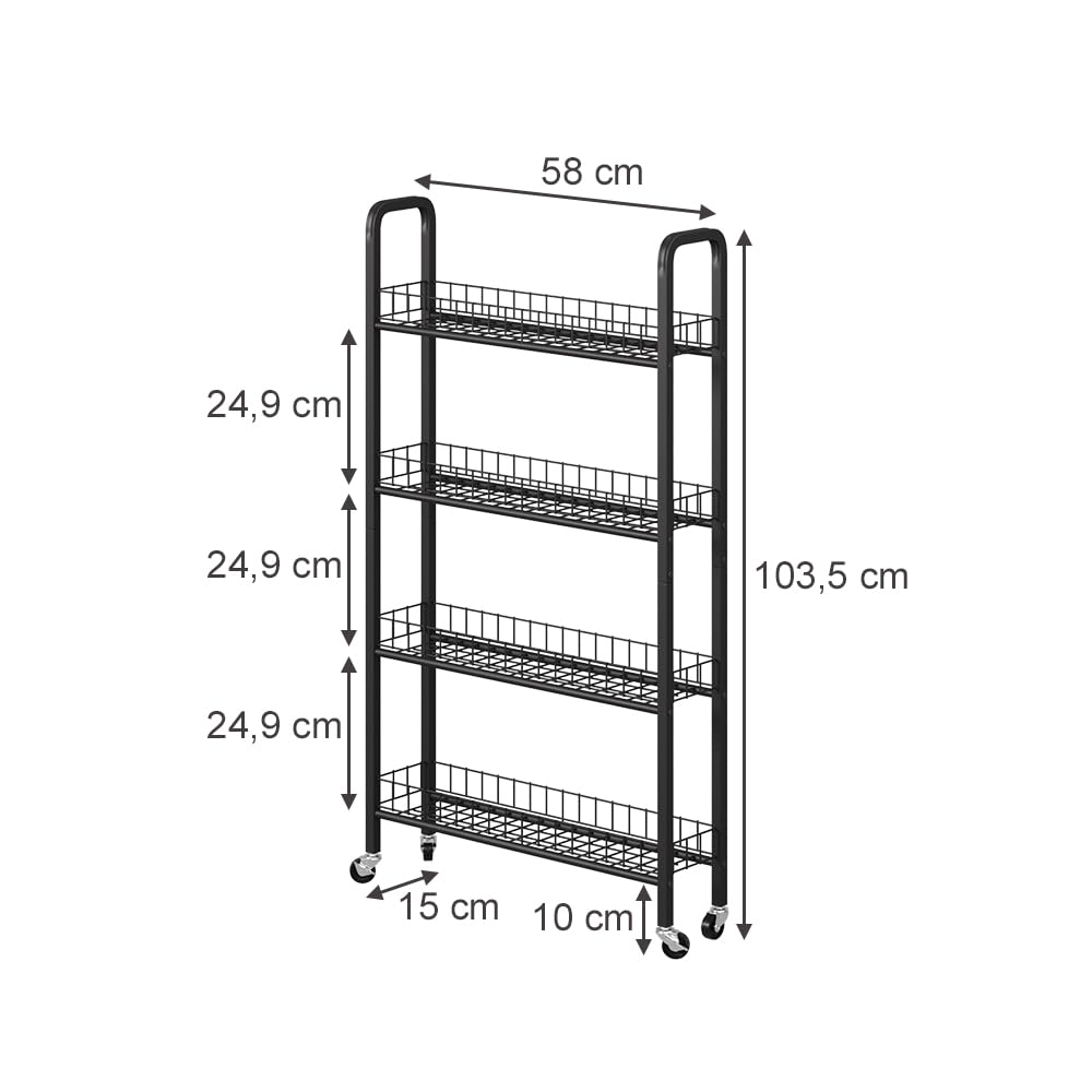 Vicco Rollregal Rolivo, Schwarz, 58 x 15 cm mit 4 Fächern, auf Rollen flexibel positionierbar für schmale Stellflächen