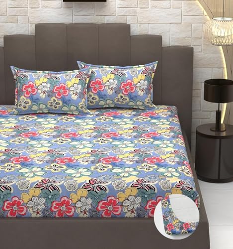 Image of Jashan 210 TC Glace Cotton Super Soft Fabric King Size Fitted Bedsheet for Double Bed, King Size 72 inches X 78 Inches x 10 Inches, with 2 Large Size Pillow Covers - Multi Colors