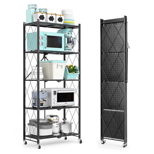 HomeMiYN Klappbares Regal mit Rollen 4 Etagen 5 Etagen Schwerlastregal Standregal Klappbares Küchenregal 71x34x121/159cm Metallregal Schwarz Lagerregal Regal für die Küche Wohnzimmer Büro (5 Etagen)