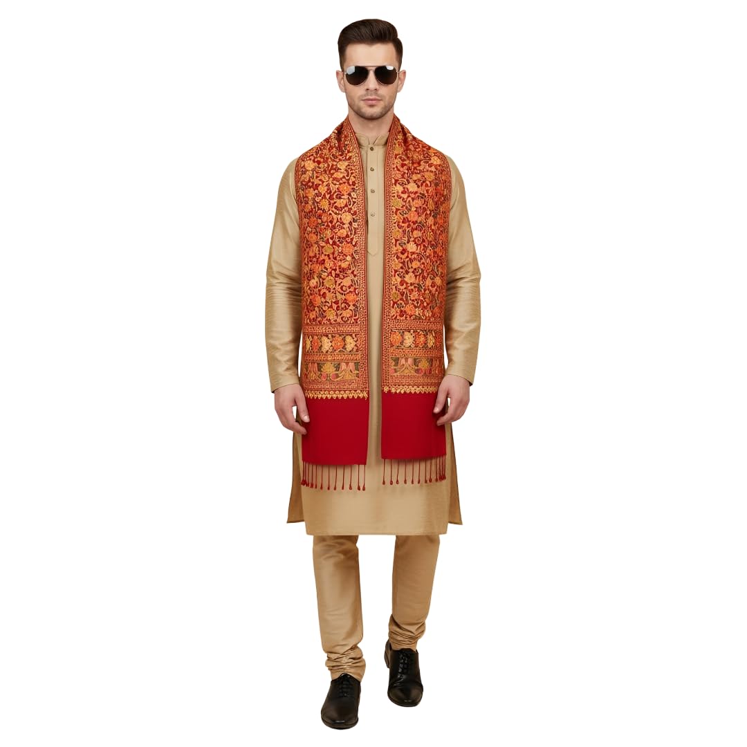 muffly Men’s Premium Wool Blend Embroidered Stole with Elegant Tasselled Finish -Red-picture-30