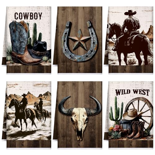 Image of Bencailor 6 Pcs Western Cow Kitchen Towels Decorative Sets Dish Towels Absorbent Fast Drying Hand Tea Vintage Hanging Reusable Cleaning Dishcloths for Cooking Farmhouse Bathroom Accessory