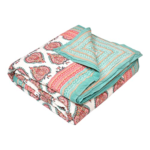 Image of BLOCKS OF INDIA Hand Block Printed Cotton King Size Quilt /Rajai (90 Inch X 108 Inch, Turquoise Motifs), Skin Friendly, 300 TC