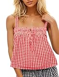 Burtell Women Cute Tie Front Plaid Crop Tank Tops Square Neck Sleeveless Gingham Camisole Tops Summer Backless Cropped Vest Pink