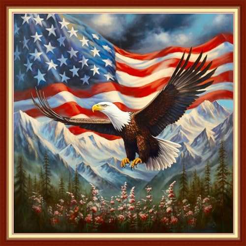 Image of Joyhoor Cross Stitch Kits for Beginners Stamped Cross-Stitch Supplies Needlework preprint Embroidery Kits for Adults DIY Needlepoint Kits Embroidery Patterns 11CT-Eagle Flag 18x18 inchs
