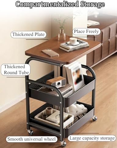 Multi-Purpose Rolling Storage Trolley with Wooden Top & Lockable Wheels - Versatile Metal Cart for Living Room, Kitchen, Bedroom - Black (1.44x0.98x2.53 ft)