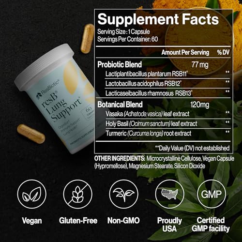 resB Lung Support Probiotic Supplement - Lung Health Supplement for Smokers, Gut Health, Immune & Digestive Support, Respiratory Care, Holy Basil & Turmeric, Clinically Trialed - 60 Capsules - Image 4