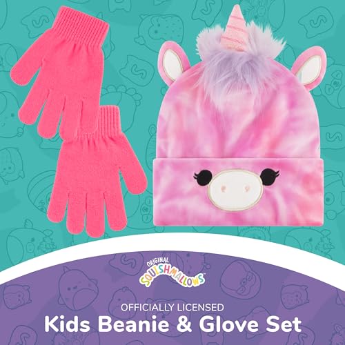 Squishmallows Beanie Hat and Gloves Set, Girls Cuffed Winter Knit Cap and Matching Mittens2