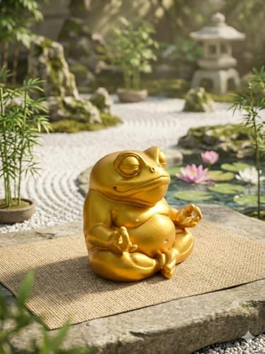 Image of Zen Meditating Frog Figurine - Golden Yoga Frog Statue for Home, Garden & Table Decor - Lucky Prosperity Frog Idol for Indoor Outdoor Decoration