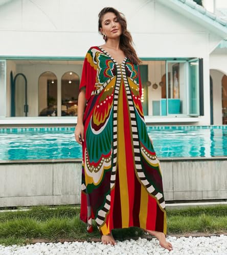 Image of sunforyou Kaftan Dresses for Women Plus Size Lightweight Swimsuit Cover up Batwing Sleeve Print Loungewear Beach Robe