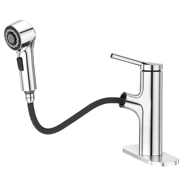 Chrome Single Hole Bathroom Faucet with Pull-Out Sprayer, Bathroom Sink Faucet Vanity Laundry Outdoor Utility Faucets with Deck Plate, Polished Finish