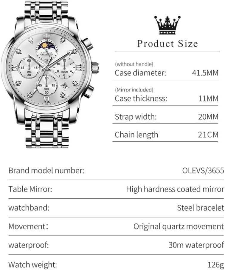OLEVS Men's Luxury Watch Stainless Steel Band Waterproof Business Dress Quartz Wrist Watch for Men, Classic Round Dial Fashion Mens Watches, Ideal Gift for Men Father's Day Anniversary Luminous