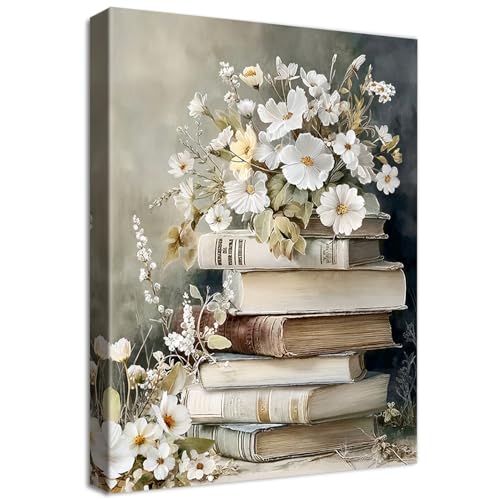 Libri di Fiori Vintage Quadri Moderni Quadro Moderno Bianco Floreale Stampa su Tela Con Cornice Estetica dark Academia Pittura Quadri su tela Decorazioni da Parete Soggiorno Bar Negozio 40x60cm