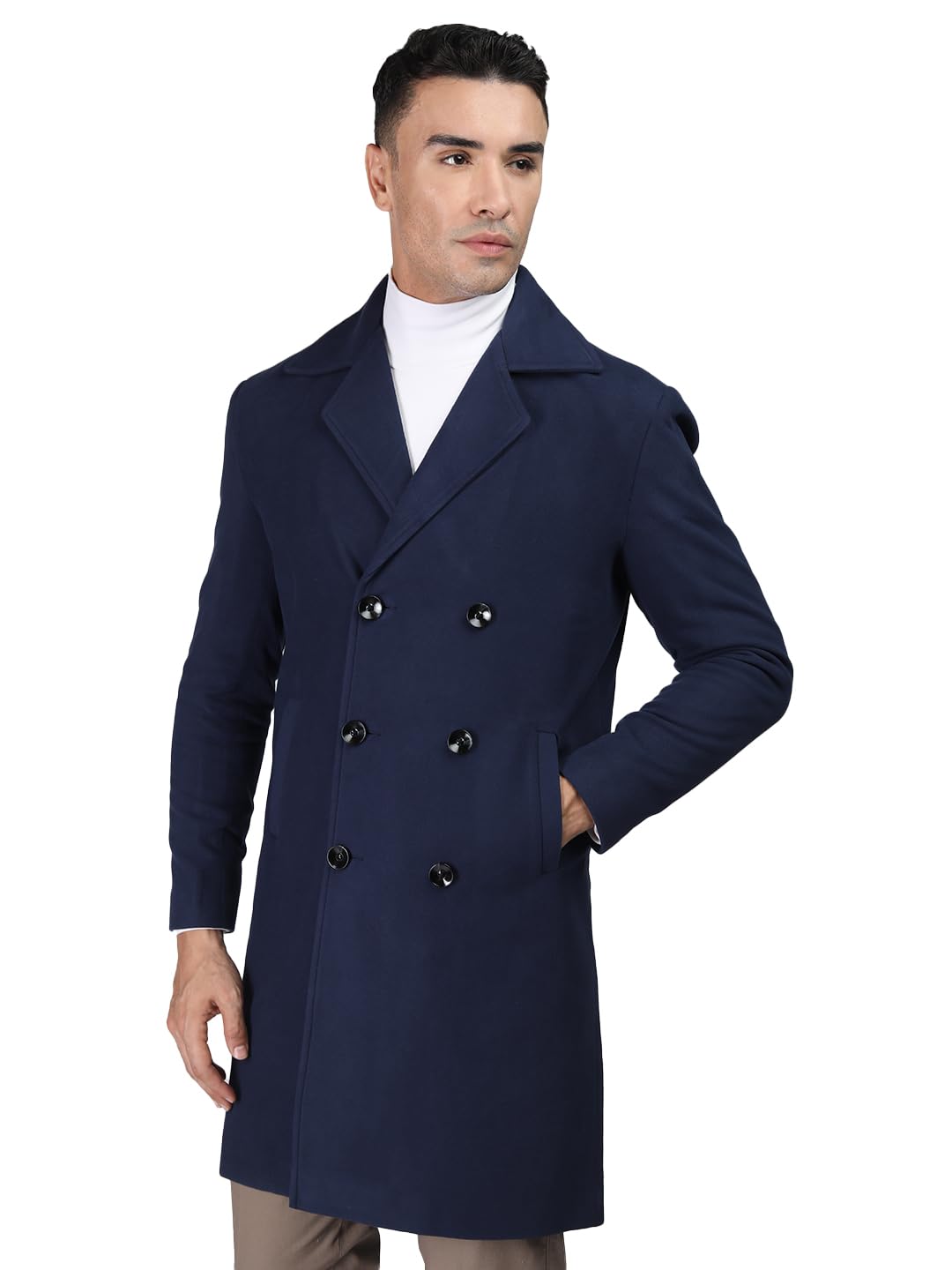 Winter Wear Single Breasted Notch Lapel Tweed Pea Trench Long Coat For Men