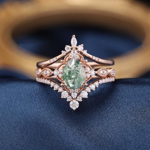 10K 14K 18K Rose Gold 2CT Natural Moss Agate Engagement Ring Set for Women 925 Sterling Silver Genuine Pear Green Moss Agate Leaf Art Deco Bridal Wedding Ring Set (Size 4-15)4