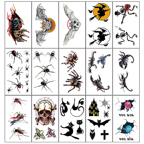Halloween Tatuaggi Temporanei 15 Fogli, Ragni Scorpione Gatto Nero Scheletro Tattoo Trucco per le Decorazioni di Scena per Halloween Cosplay
