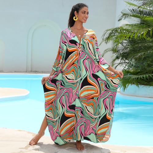Image of IMAGEKOPE Women's Plus Size Animal Print V-Neck Batwing Kaftan Beach Dress Bathing Suit Cover-Up Loungewear