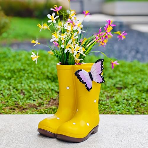 Garden Boots Planter Set with Butterfly Decoration, Outdoor Resin Flower Pot for Patio and Porch, Whimsical Waterproof Gardening Decor, Cute Gardening Gift for Women and Men (yellow)
