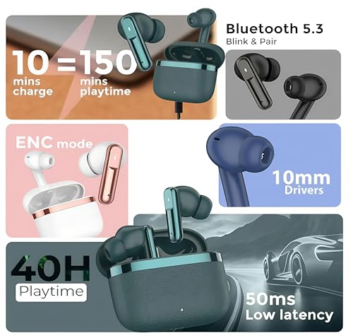 Image of Premium Wireless Earbuds, Navy Blue, IPX5 Water-Resistant, Ultra-Low Latency 50ms, Active Noise Cancellation, Smart Touch Controls, Crystal Clear Sound, Dynamic EQ,(LEATHERY Green)