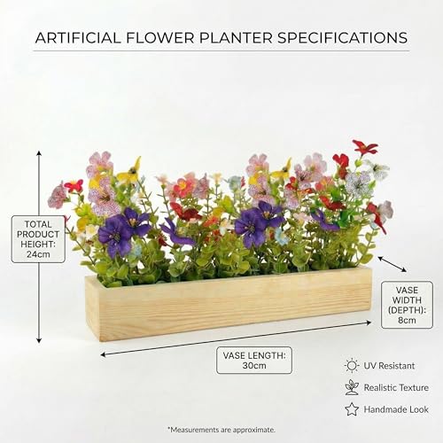Image of Dekorly Artificial Multi Color Daisy Flower Arrangement with Wooden Planter (24 CM) | Premium Realistic Floral Decor for Table & Living Room | Stylish Indoor Decor for Living Room
