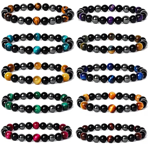 10 Pcs Triple Protection Bracelet Hematite Black Obsidian Tiger Eye Stone Beaded Bracelets for Men Women Stretch Bracelets