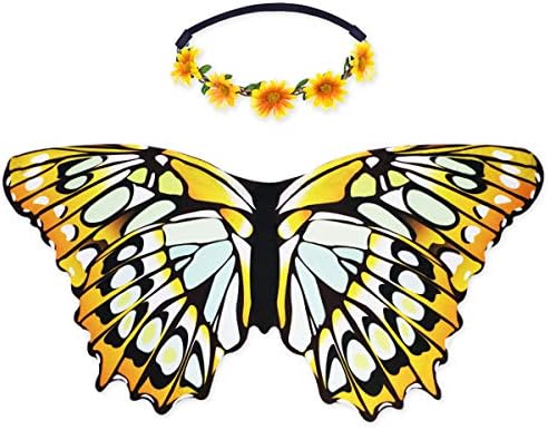 Flying Childhood Fairy Butterfly Wings with Flower Headband for Girls Pixie Costume Toddlers Princess Dress Up Party Favors Yellow