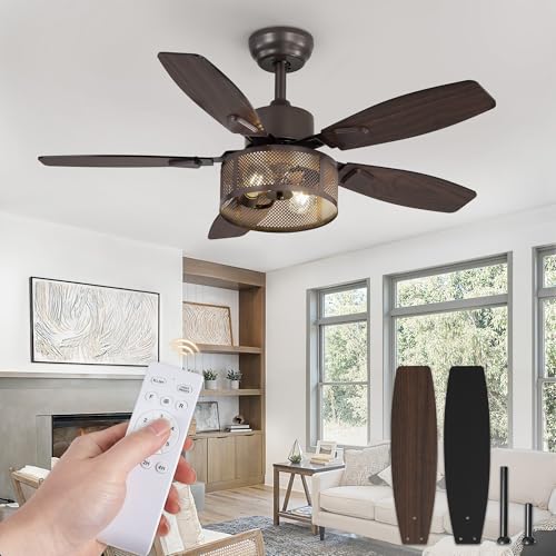 Fanbulous Farmhouse Oil Bronze Ceiling Fans with Lights and Remote, 42 Inch Bedroom Caged Ceiling Fans for Living Room Kitchen,6 Speed Reversible Quiet DC Motor, Dual Finish 5 Blades by Fanbulous - Used condition - US$71.72