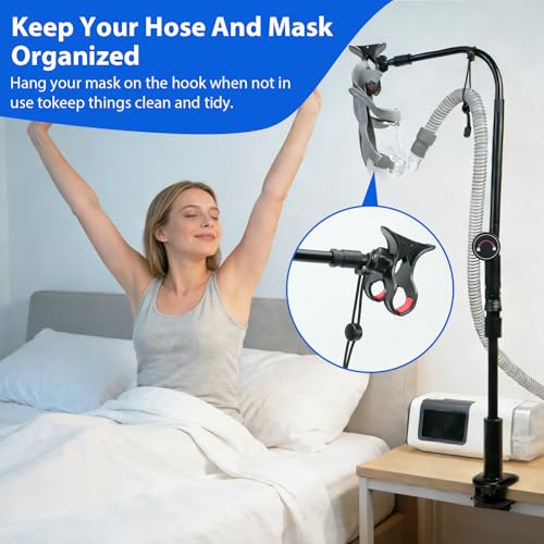 Image of CPAP Hose Holder for Bed - Adjustable CPAP Stand, Tangle-Free Hose Lift, Prevent Blockage and Leakage, Easy Setup, Bedside & Travel Use, No Drilling (Black)