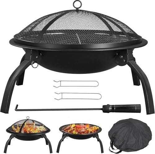 HH Home Hut Fire Pit for Garden Portable Folding Outdoor Firepit with BBQ Grill Spark Guard Cover & Carry Bag 58cm Camping Fire Pit Bowl Alloy Steel Log Burner Heater for Patio and Campfire