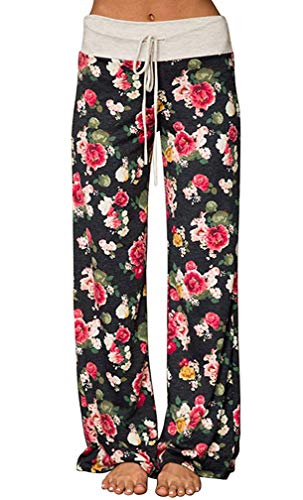 Image of Elsofer Women's Comfy Lounge Pants Soft Floral Pajama Pants Loose Drawstring Wide Leg Palazzo Pants for Sleep, Casual Wear