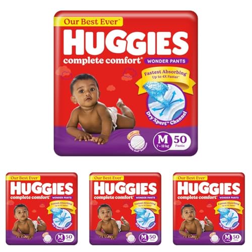 Image of Huggies Complete Comfort Wonder Pants | Pant Style Baby Diapers Medium Size (M), 50 Count | India's Fastest Absorbing Diaper, Prevents Diaper Rash, Ideal for 7 to 12 Kgs (Pack of 4)