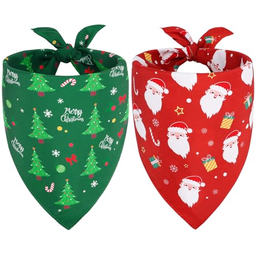 SZEE Christmas Dog Bandanas 2 Pcs Holiday Pet Accessories with Santa & Christmas Tree Prints Red & Green Holiday Bandanas for Dogs Dog Festival Gifts & Outfits (Large)