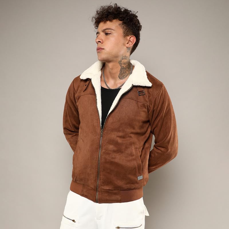 Image of CAHOOT Men's Brown Zip-Front Jacket With Fleece Detail For Casual Wear | Long Sleeve | High Neck | Zipper Closure | Suede Jacket Crafted With Comfort Fit For Everyday Wear