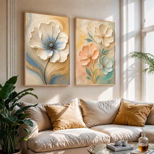 Image of NoWorries Floral Wall Painting Set of 2 with Frame | Premium White Peach & Blue Flower Botanical Artwork, Elegant Nature Wall Decor for Living Room, Bedroom, Office and Home Decoration (Art-7, 21x31inch)