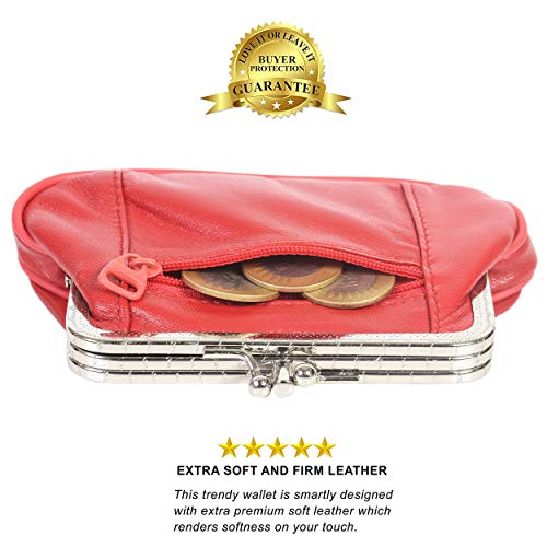 Women's Leather Metal Frame Double Clasp Zipper Coin Purse 5 1/4" X 3 1/4" (Red) #TOP4
