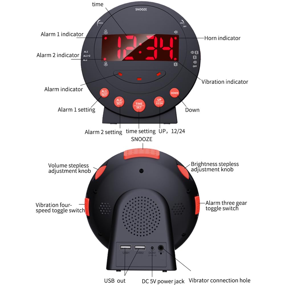 TS-BC600 Reloj Despertador con vibración Fuerte y luz de Flash para agitar la Cama Brillo Ajustable Snooze Ajuste de Alarma Dual Pantalla LED USB