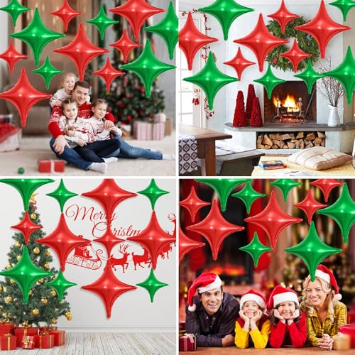 Image of Red Green Star Balloons,12Pcs Four Angle Star Foil Balloons | 26Inch and 10Inch Red Green Quadrangle Star Helium Balloon for Christmas Birthday Party Decorations