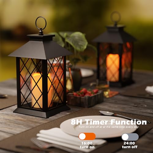 Image of 13.4 inch Lanterns Decorative Indoor, Black Lantern Decor with Timer Flickering Candle, Diamond-shaped Outdoor Lanterns, Waterproof Hanging Lantern for Patio, Porch, Entryway, Centerpieces, 2 Pack