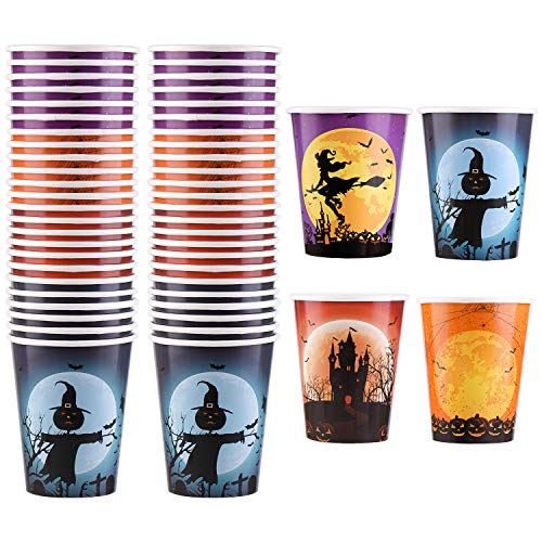 Aneco - Vasos de papel desechables para Halloween, 48 unidades, 255 ml, 4 diseños para fiestas de Halloween