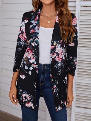 Women's Longline Blazer Button Open Front Lapel Collar 3/4 Sleeve Business Casual Office Work Lightweight Jacket4