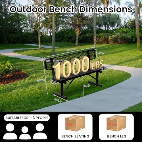 Image of 6 FT Heavy Duty Park Bench, Outdoor Metal Black Bench with Back-Commercial Steel Benches for Outside, 2-4 Person Seat-Garden Benches with Portable Frame for Outdoors