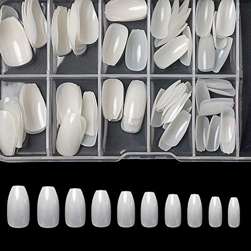 Coffin Fake Nails Full Cover Ballerina Acrylic False Nail Tips 100Pcs With Box for Nail Salons and Home DIY Nail Art 10 Sizes (Natural)
