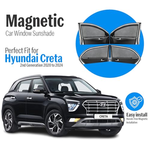 Image of Autofact Magnetic Car Sunshades Compatible with Hyundai Creta New (2020 to 2024) (Set of 4) - Easy Installation, UV Protection, Keeps Car Cool (Front 2 with Zippers, Rear 2 Without Zippers)