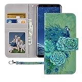 Galaxy S8 Wallet Case, Galaxy S8 Case,MagicSky Floral Premium PU Leather Flip Folio Case Cover with Wrist Strap, Card Holder, Cash Pocket,Kickstand for Samsung Galaxy S8 - Green Peacock