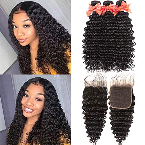 Brazilian Deep Wave Bundles with Closure 100% Virgin Human Hair Deep Curly Bundles with Free Part Lace Closure Natural Black(8 8 8 +8 lace closure)
