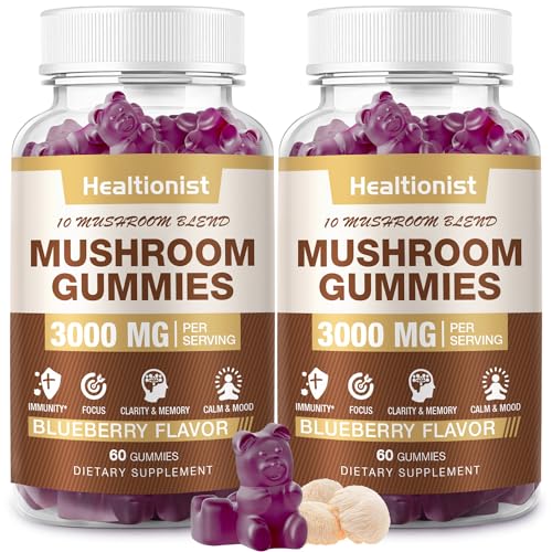 2 Packs Mushroom Complex Gummies 10 Blend - Lion's Mane Gummies for Adults, Cordyceps, Shiitake, Reishi, Chaga - Brain, Immune Support & Stress Relief, Energy, Mushroom Supplement for Men & Women