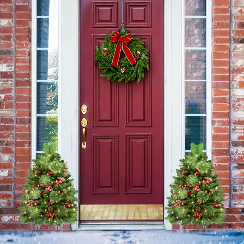 LAVEVE 34 Prelit Frosted Christmas Tree Urn Filler with 50 LED Lights - 2 Pack for Outdoor Porch and Pathway