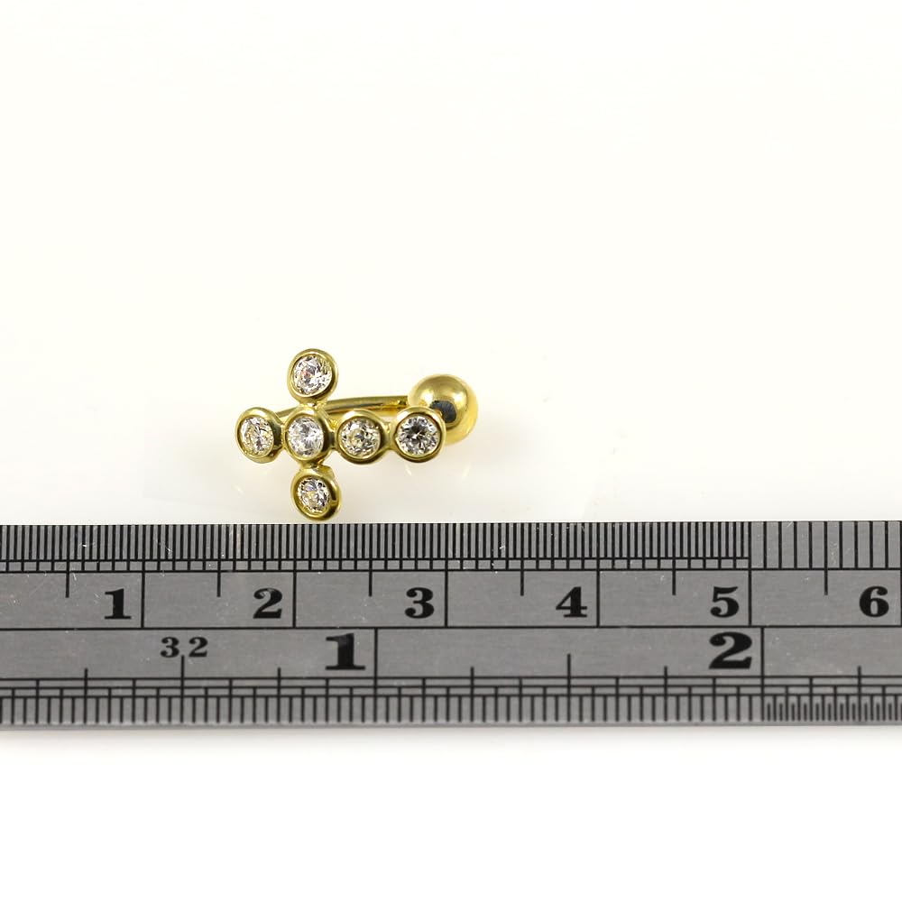 Piercing para ombligo de oro amarillo macizo de 14 quilates con circonita cúbica y cruz de cruz - Joyería de ombligo de 14 quilates - Piercing para el ombligo de calibre 14, 14 Gauge -