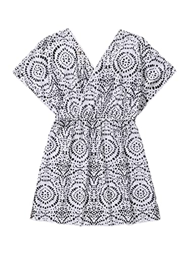 Soly Hux Swim Cover Up For Girls Allover Print Mesh V Neck Wrap Short Sleeve Dress Swimsuits Black And White Print 10Y #TOP1